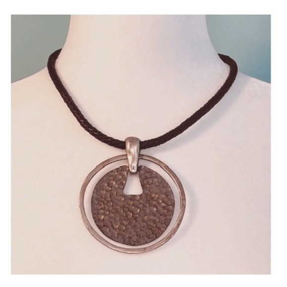 Large Hammered Metal Pendant Statement Necklace‎ Silver Tone Black Braided Cord - Picture 2 of 4